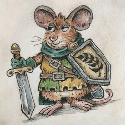 3_toes anthro biped brown_body brown_fur clothing feet fur gloves handwear melee_weapon shield simple_background smile solo standing sword toes weapon tyrie mammal mouse murid murine rodent 1:1 2026