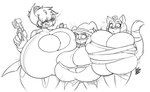 anthro big_breasts blush blush_lines breast_expansion breasts cleavage clothed clothing cookie expansion female food group gun hat headgear headwear huge_breasts hyper hyper_breasts obscured_eyes open_mouth ranged_weapon standing surprise text thick_thighs trio weapon wide_eyed wide_hips witch_hat lunarspy animal_crossing metroid nintendo pokemon ankha_(animal_crossing) kurimi_(lunarspy) samus_aran shi_yu_(lunarspy) tia_(lunarspy) absol bear domestic_cat felid feline felis generation_3_pokemon giant_panda mammal pokemon_(species) 2022 hi_res monochrome signature