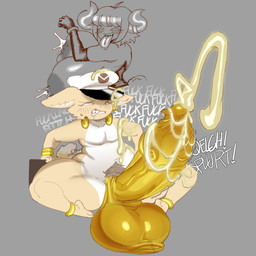2_horns anthro areola big_breasts big_penis biped blush blush_lines bodily_fluids breasts clenched_teeth clothing cum duo ejaculation exclamation_point eyebrows eyelashes female fingers genital_fluids genitals glans gold_balls gold_penis grey_background hair hand_on_breast hat headgear headwear heart_symbol horn horn_jewelry horn_ring huge_penis humanoid_genitalia humanoid_penis jewelry lactating male male_focus nipples nude penis profanity ring_(jewelry) sharp_teeth simple_background sound_effects sweat sweatdrop teeth text tongue tongue_out vein veiny_penis white_text cofficremer coffi_(cofficremer) canid canine demon fox humanoid mammal 1:1 2025 english_text hi_res