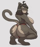 anthro big_breasts big_butt breasts butt clothed clothing female fur hair huge_breasts huge_butt looking_at_viewer looking_back nude simple_background smile solo tail text thick_thighs thong underwear wide_hips beheleaf minna_(beheleaf) domestic_cat felid feline felis mammal digital_media_(artwork) hi_res