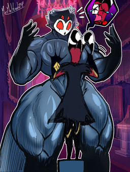 4_eyes abs anthro big_muscles big_pecs black_body black_feathers black_hair bodily_fluids clothing crying duo feathers grey_body grey_feathers hair horn huge_muscles huge_pecs huge_thighs larger_male male multi_eye multicolored_body multicolored_feathers muscular muscular_anthro muscular_arms muscular_legs muscular_male pec_grab pecs red_body red_eyes size_difference smaller_male suit tears thick_thighs mrmelted hellaverse helluva_boss blitzo_(helluva_boss) stolas_(helluva_boss) avian bird demon imp owl owl_demon hi_res