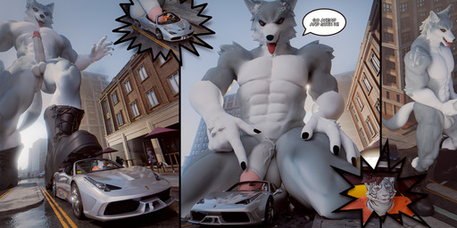 anthro bodily_fluids boots car city clothing dominant duo footwear genital_fluids genitals humiliation macro male male/male muscular muscular_male penis piss_destruction rampage scared shoes size_difference speech_bubble tongue tongue_out urine vehicle watersports bigkami canid canine canis felid feline mammal wolf 2025 3d_(artwork) absurd_res blender_(artwork) comic digital_media_(artwork) hi_res