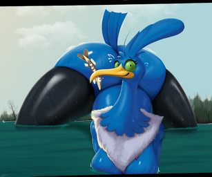 anthro beak big_breasts big_butt blue_body blush bodily_fluids breasts butt feathers female glistening glistening_body glistening_skin green_eyes head_crest head_markings looking_at_viewer markings motion_lines nervous nervous_smile nervous_sweat nude plant simple_background smile solo sweat tail tail_feathers thick_thighs tree water wet wet_body beatbox474 nintendo pokemon arrokuda avian bird cramorant generation_8_pokemon pokemon_(species) 6:5 digital_media_(artwork) hi_res