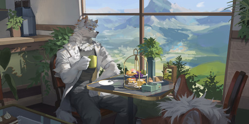 amazing_background anthro black_nose bottomwear cheek_tuft clothed clothing coat container cup day detailed_background duo facial_tuft fur grey_bottomwear grey_clothing grey_pants grey_topwear hair holding_container holding_cup holding_mug holding_object kemono male mouth_closed mug narrowed_eyes neck_tuft pants plant plant_pot potted_plant red_eyes short_hair sitting solo_focus toony topwear tuft white_body white_clothing white_coat white_fur white_hair white_topwear window awaldkize canid canine mammal absurd_res detailed hi_res
