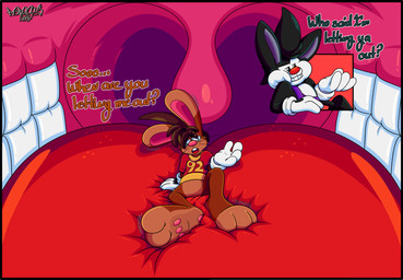 3_toes 4_fingers anthro big_feet big_tongue cartoon_gloves curling_toes duo feet fingers inside_mouth male male/male paws red_tongue sitting sitting_on_tongue smug smug_face smug_grin soft_vore toes tongue toony uvula vore marquis2007 herman_(marquis2007) roderick_(tamerkoh) imp lagomorph leporid mammal rabbit absurd_res hi_res