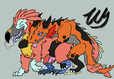 all_fours anal anal_penetration animal_genitalia beak black_body blue_body blue_eyes blue_feathers bodily_fluids breath claws cum cum_inside doggystyle duo entwined_tails erection eyes_closed feathers feet feral feral_on_feral feral_penetrated feral_penetrating frill_(anatomy) from_behind_position genital_fluids genitals grabbing_from_behind horn leaking_cum licking looking_pleasured male male/male male_penetrating mating_grip mounting multicolored_body neck_grab open_mouth orange_body orgasm panting penetration penile penile_penetration penile_spines penis penis_in_ass precum quadruped red_body red_feathers sex simple_background spikes spikes_(anatomy) tail tail_coil talons toes tongue tongue_out two_tone_body yellow_body yellow_feathers wyrmling_(artist) mythology avian bird dragon mythological_creature mythological_scalie reptile scalie digital_drawing_(artwork) digital_media_(artwork) hi_res signature