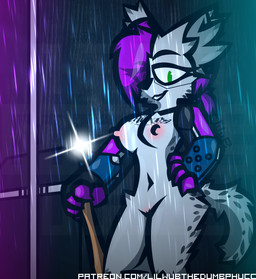 alternate_species anthro baseball_bat bat_(object) bottomwear breast_tattoo breasts claws clothing cyberpunk door eye_through_hair female fur genitals green_eyes hair inner_ear_fluff looking_at_viewer looking_down looking_down_at_viewer markings nipples nude pants pink_hair ponytail prosthetic prosthetic_arm prosthetic_limb raining smile smiling_at_viewer solo spots spotted_body spotted_fur tattoo text translucent translucent_hair tuft vulva white_body white_fur wub_(artist) cd_projekt_red cyberpunk_2077 felid feline lynx mammal hi_res signature url watermark