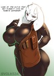 anthro big_breasts breasts clothing curvy_figure female horn huge_breasts looking_at_viewer looking_pleasured nipple_outline solo swimwear text tight_clothing v-olk limbus_company project_moon undertale undertale_(series) olga_(project_moon) toriel boss_monster_(undertale) bovid caprine mammal digital_media_(artwork) english_text hi_res