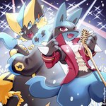 ambiguous_gender anthro clothed clothing duo electric_guitar electronics guitar holowear_(pokemon) lights microphone microphone_stand musical_instrument plucked_string_instrument spikes spikes_(anatomy) string_instrument teeth atelier_rhyme nintendo pokemon pokemon_unite band_style_zeraora concert_style_lucario generation_4_pokemon generation_7_pokemon legendary_pokemon lucario pokemon_(species) zeraora 1:1