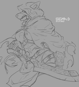 anthro belt biped bottomwear breasts claws clothed clothing female finger_claws fingers fur grey_background holding_melee_weapon holding_object holding_sword holding_weapon hood melee_weapon sharp_teeth simple_background solo sword teeth text three-quarter_view topwear weapon sigma-d canid canine canis mammal 2023 artist_name dated digital_media_(artwork) hi_res monochrome