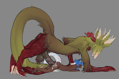 all_fours anal anal_penetration arm_tuft ball_fondling balls bestiality blue_hair bodily_fluids brown_body butt chest_tuft claws cum cum_in_ass cum_inside cum_on_butt cum_on_ground cum_on_tail doggystyle duo elbow_tuft eyes_closed feral finger_claws fondling from_behind_position genital_fluids genitals green_body grey_background hair horn humanoid_genitalia humanoid_penis looking_at_another looking_at_partner lying male male/male markings multi_eye nude on_front penetration penile penile_penetration penis penis_in_ass penis_in_mouth sex simple_background spots spotted_horn spotted_markings spotted_tail tail tail_markings tail_mouth tail_mouth_penetration tiptoes toe_claws tuft unusual_anatomy unusual_tail white_claws yellow_claws thecore34 canid canine chimera fox humanoid mammal digital_media_(artwork) hi_res