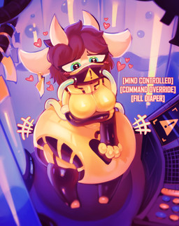 abdl anthro aroused breasts clothed clothing diaper diaper_squish fart_tubes female glistening glistening_body heart_eyes heart_symbol hosesuit laboratory latex latex_clothing solo tight_clothing wearing_diaper latexm4n bovid bovine cattle mammal absurd_res hi_res
