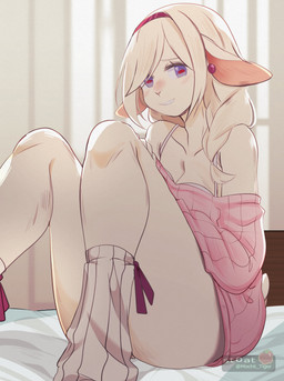 accessory anthro blue_eyes clothing ear_piercing female footwear fur hair hair_accessory hairband horizontal_pupils looking_at_viewer piercing pink_clothing pink_sweater pink_topwear pupils socks solo sweater text topwear white_body white_fur white_hair mochii_tiger bovid caprine mammal sheep absurd_res english_text hi_res