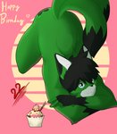 2_tails 5_fingers anthro birthday blue_eyes cupcake fingers food fur green_body green_fur looking_at_viewer male multi_tail simple_background solo tail alex_kitsune alex_(alex_kitsune) canid canine fox mammal absurd_res hi_res