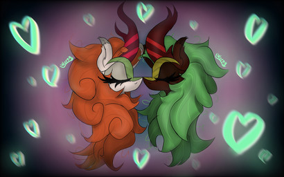 abstract_background brown_body curly_hair curly_mane curved_horn duo eyelashes eyelashes_through_hair eyelashes_through_mane eyes_closed female female/female feral fur gradient_background green_hair green_mane hair heart_symbol horn love mane orange_hair orange_mane pressing romantic romantic_couple simple_background text thick_eyelashes translucent translucent_hair white_body worny asian_mythology chinese_mythology east_asian_mythology friendship_is_magic hasbro my_little_pony mythology autumn_blaze_(mlp) cinder_glow_(mlp) dragon equid equine kirin mammal mythological_creature mythological_equine mythological_scalie scalie 2026 absurd_res digital_media_(artwork) english_text hi_res portrait signature