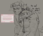 :3 annoyed anthro ask_blog beard bottomwear breasts button_ears clothed clothed_female clothed_male clothing collar dialogue duo facial_hair female floppy_ears leash leashed_collar male open_mouth open_smile shirt shorts size_difference smile text topwear chewtoyys biscuit_(chewtoyys) lucky_(chewtoyys) bird_dog canid canine canis domestic_cat domestic_dog felid feline felis golden_retriever hunting_dog mammal retriever 2025 digital_drawing_(artwork) digital_media_(artwork) english_text greyscale monochrome