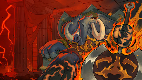 anthro axe chair clothing detailed_background electricity fire furniture lightning male on_chair sitting sitting_on_chair solo tusks weapon garrett_hanna rivals_of_aether loxodont elephant elephantid mammal proboscidean hi_res official_art