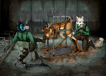 anthro banding barn bdsm boots castration clothing cock_and_ball_torture detailed_background dirt footwear genital_mutilation genital_torture group humiliation male male/male mutilation shoes trio jeffusherb bovid bovine canid canine canis cattle deer mammal wolf digital_media_(artwork) pixel_(artwork)