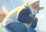 anthro bottomwear clothing hoodie humanoid_hands kemono male orange_body outside overweight overweight_male pants shirt sitting solo topwear seamonsterping tamacolle iyo_(tamacolle) canid canine fox mammal 2024 absurd_res hi_res