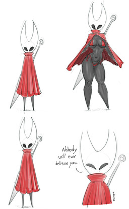 anthro biped black_body bra breasts cloak clothing female flashing humor melee_weapon navel panties red_bra red_cloak red_clothing red_panties red_underwear solo sword sword_on_back talking_to_viewer text underwear weapon white_body white_head yellowdog hollow_knight_(franchise) team_cherry hornet_(hollow_knight) arthropod insect 2026 absurd_res digital_media_(artwork) english_text hi_res