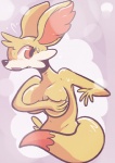 abstract_background amber_fur anthro big_breasts blush bodily_fluids breasts convenient_censorship covering covering_breasts covering_self dipstick_tail ears_up female fur hand_on_breast huge_breasts inner_ear_fluff long_ears looking_away markings multicolored_tail open_mouth orange_body orange_eyes orange_fur pokemorph simple_background solo surprise sweat sweatdrop tail tail_markings tuft two_tone_tail worried snappygrey nintendo pokemon canid canine fennekin generation_6_pokemon mammal pokemon_(species) half-length_portrait portrait