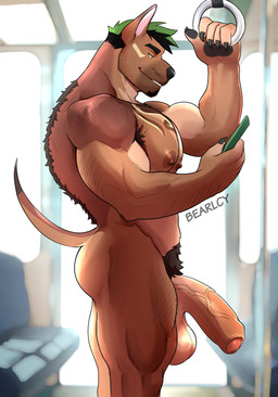 5_fingers anthro areola armpit_hair balls barazoku biceps big_balls big_muscles big_penis biped black_eyebrows black_facial_hair black_hair black_pawpads body_hair brown_body brown_fur brown_nipples butt casual_nudity cellphone claws deltoids electronics exhibitionism eyebrows facial_hair fingers foreskin fur genitals glans goatee green_eyes green_hair hair half-erect happy_trail holding_cellphone holding_object holding_phone huge_penis humanoid_genitalia humanoid_hands humanoid_penis looking_at_object looking_at_phone looking_down male male_anthro multicolored_body multicolored_hair muscular muscular_anthro muscular_arms muscular_male narrowed_eyes nipples nude nude_anthro nude_male partially_retracted_foreskin pawpads paws pecs penis phone pubes public public_transportation quads saggy_balls smile solo standing stubble tan_body tan_fur tan_genitals tattoo teeth train triceps vehicle vein veiny_penis bearlcy xxl_woofia saeng canid canine canis dobermann domestic_dog mammal pinscher absurd_res hi_res
