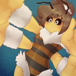 4_arms accessory anthro blush brown_hair clothing dark_sclera female hair hair_accessory hair_tie hug_request multi_arm multi_limb neck_tuft pattern_clothing reaching_towards_viewer solo striped_clothing stripes tuft glowyskull maylene_bea_(glowyskull) arthropod humanoid hymenopteran insect 1:1 hi_res
