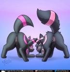 alternate_color anus blush bodily_fluids butt duo female female/female feral fur genital_fluids genitals presenting pussy simple_background smile tail text tongue tongue_out vaginal_fluids rymherdier nintendo pokemon fan_character kage_the_umbreon syna_the_umbreon canid eeveelution generation_2_pokemon mammal pokemon_(species) umbreon digital_media_(artwork) english_text url