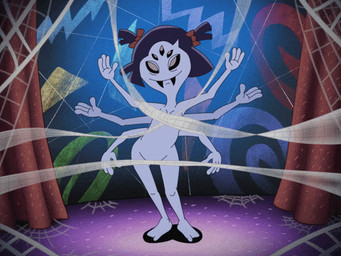 5_eyes 6_arms accessory anthro barefoot black_hair bow_ribbon breasts convenient_censorship curtains dancing fangs feet female hair hair_accessory hair_bow hair_ribbon looking_at_viewer multi_arm multi_eye multi_limb non-mammal_breasts purple_body purple_skin ribbons short_twintails small_breasts smile solo spider_web teeth rockosedits undertale undertale_(series) muffet arachnid arthropod spider 4:3 animated low_res