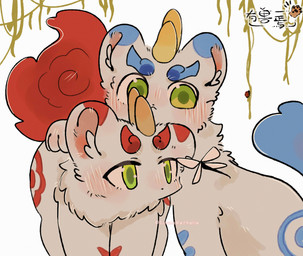 ambiguous_gender blue_body blue_fur blush cake chest_tuft dessert duo feral fluffy fluffy_tail food fur fur_markings green_eyes inner_ear_fluff looking_at_another markings mouth_closed multicolored_body multicolored_fur paws raised_hand red_body red_fur round_ears simple_background standing tail tuft two_tone_body two_tone_fur white_body white_fur lunnanathalia asian_mythology chinese_mythology east_asian_mythology fabulous_beasts fenz_(studio) mythology bixie_(fabulous_beasts) tianlu_(fabulous_beasts) arthropod dragonfly insect mythological_creature pixiu absurd_res colored hi_res brother_(lore) brothers_(lore) sibling_(lore)