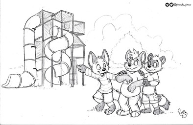 anthro bottomwear cheek_tuft clothed clothing facial_tuft group hair head_tuft male male_anthro open_mouth open_smile overweight overweight_anthro overweight_male playground shirt short_hair shorts smile standing t-shirt topwear trio tuft wavy_mouth young young_anthro young_male pandapaco art_(pandapaco) biro_(pandapaco) canid canine mammal procyonid raccoon species_request monochrome sketch