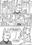 absurd_res anthro black_and_white box braun_(kifyun2) canid canine clothed clothing comic container dialogue domestic_ferret ear_piercing english_text fox group hi_res inner_ear_fluff jeff_(kifyun2) kif_yppreah kifyun2 male mammal monochrome mustelid musteline piercing shirt simple_background speech_bubble text topwear trio true_musteline tuft warehouse weasel