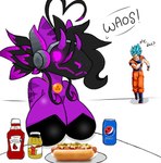 anthro big_breasts blue_hair breasts cleavage clothed clothing duo female food hair hot_dog huge_breasts jewelry ketchup machine male male/female necklace purple_body drakondraggyland dragon_ball dragon_ball_z mythology pepsi dragon mythological_creature mythological_scalie protogen scalie