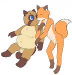 anthro arm_grab balls big_balls blue_eyes canid canine duo eyes_closed face_to_face flaccid foreskin fox fur genitals hi_res ifgirl male male/male mammal muzzling one_eye_closed orange_body orange_fur overweight penis raccoon_dog simple_background size_difference slightly_chubby small_penis tanuki white_background wink