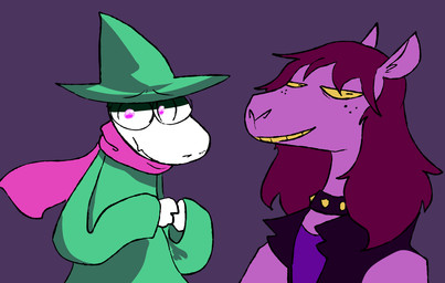 anthro clothed clothed_anthro clothed_female clothed_male clothing collar duo ears_back eyewear female female_anthro fingers_together flesh_fang freckled_face freckles fur glasses green_clothing green_robe grin hair half-closed_eyes hat headgear headwear horizontal_pupils male male_anthro narrowed_eyes nervous pink_eyes pink_scarf pivoted_ears pointy_hat pupils purple_background purple_body purple_hair purple_scales robe round_glasses scales scarf simple_background slim_anthro slim_female slim_male smile snout spiked_collar spikes wearing_glasses white_body white_fur yellow_sclera the_weaver deltarune undertale_(series) ralsei susie_(deltarune) bovid caprine goat mammal scalie 2026 cel_shading digital_drawing_(artwork) digital_media_(artwork) english_description flat_colors half-length_portrait portrait shaded