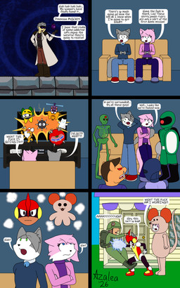 1_eye angry anthro armor armwear attack awning bell bell_collar belt belt_buckle blue_floor blue_wall bone boots bottomwear buckle building clothing coat collar coming_out_of_tv concrete_floor controller costume crystal crystal_necklace cybernetics door electronics entertainment_center explosion fan_comic female footwear furniture game_controller gaming group gun_arm hair hand_on_head headgear helmet horn house inside jacket jewelry lab_coat machine magic_crystal male military_uniform necklace outside overshirt pants poof power-up profanity punch screaming shadowed_eyes shield shirt shocked shoes skeleton smile sofa spikes spikes_(anatomy) suit surprised surrounded tail television text topwear tusks undershirt uniform vortex weapon_arm window worried flamingazalea castlevania castlevania:_symphony_of_the_night cave_story contra contra_iii:_the_alien_wars doom_(series) duke_nukem_(series) duke_nukem_3d game_freak id_software konami mario_bros metal_slug microsoft nintendo pbs playstation playstation_3 sega sega_dreamcast sesame_street snk sony_corporation sony_interactive_entertainment vg_cats xbox xbox_360 xbox_game_studios aeris_(vg_cats) apache_joe grenade_thrower_(contra) ieniemienie_(sesamstraat) leo_(vg_cats) nova_skeleton pulseman rebel_infantry_(metal_slug) the_fusionist_(mushroom_kingdom_fusion) cacodemon cyborg domestic_cat felid feline felis gordo human humanoid koopa koopa_troopa mammal met_(mega_man) night_spirit pig_cop_(duke_nukem) robot scalie sniper_joe suid suine sus_(pig) wild_boar 5:8 absurd_res comic crossover digital_media_(artwork) english_text hi_res