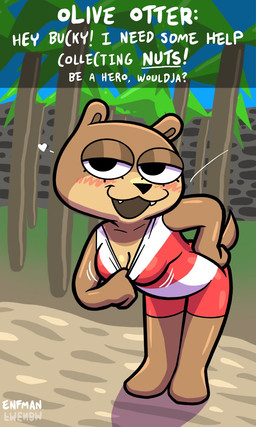 anthro beach bent_over black_eyes black_nose blush breasts brown_body brown_fur clothing cute_fangs dialogue fangs female fur heart_symbol looking_at_viewer medium_breasts open_mouth palm_tree pattern_clothing pattern_swimwear plant presenting presenting_breasts red_clothing red_swimwear sand smile solo striped_clothing striped_swimwear stripes swimwear tan_body tan_fur teasing teeth text text_box tree theenfman broadside_beach shipwrecked_64 olive_otter mammal mustelid otter 3:5 english_text hi_res