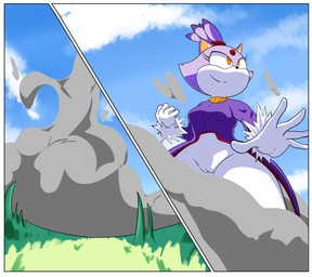 anthro blue_sky border camel_toe confident_expression female grass_field low-angle_view sky smoke solo thick_thighs white_border wide_hips plainsight sega sonic_the_hedgehog_(series) blaze_the_cat felid feline mammal absurd_res comic hi_res
