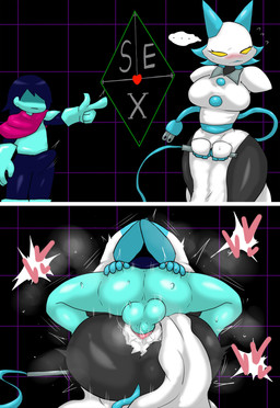 anthro anthro_penetrated balls big_breasts big_butt blue_balls blue_body blush breasts butt duo female female_penetrated from_front_position genitals heart_symbol human_on_anthro human_penetrating human_penetrating_anthro interspecies machine male male/female male_human male_penetrating male_penetrating_female mating_press penetration penile penile_penetration penis_in_vagina pink_vulva sex thick_thighs vaginal vaginal_penetration vulva wide_hips enigi09 deltarune instant_loss_2koma undertale_(series) kris_dreemurr tasque_manager darkner human mammal robot absurd_res hi_res
