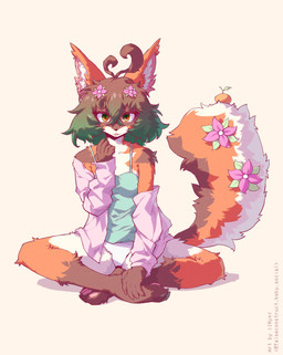 anthro clothing female flower food fruit inner_ear_fluff looking_at_viewer orange_(fruit) plant shirt sitting solo tank_top topwear tuft falseconstruct canid canine fox mammal absurd_res hi_res