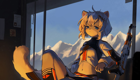 ak-47 ak_platform assault_rifle breasts clothed clothing female gun hair kemono mountain ranged_weapon rifle solo tail weapon white_hair pune yunuo_(character) felid humanoid leopard mammal pantherine absurd_res digital_media_(artwork) hi_res