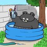 anthro belly beverage black_body black_fur black_nose clothed clothing day fur holding_object hose humanoid_hands male outside overweight overweight_anthro overweight_male plant solo swimming_pool toony tree yuumin148 bear black_bear mammal moon_bear ursine 1:1 2020 aliasing digital_media_(artwork)