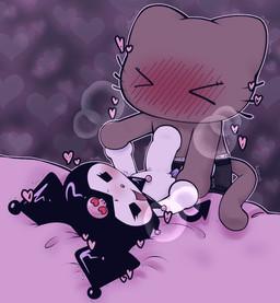 >_< anthro blush blush_lines boxers_(clothing) boxers_only brown_body brown_fur chibi clothed clothing duo eyes_closed female female/female from_front_position fur hand_holding heart_eyes heart_symbol interspecies lying missionary_position on_back self_insert sex size_difference spade_tail strapon strapon_in_pussy strapon_insertion tail topless underwear underwear_only white_body white_fur touboutenshi onegai_my_melody sanrio kuromi tenshi_(touboutenshi) domestic_cat felid feline felis lagomorph mammal hi_res