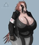 anthro armband big_breasts biker_jacket black_clothing black_shirt black_topwear breasts clothing conve curvy_figure huge_breasts shirt slightly_chubby topwear voluptuous yellow_eyes covenant_(artist) vivian_(covenant) accipitrid accipitriform avian bearded_vulture bird old_world_vulture vulture hi_res