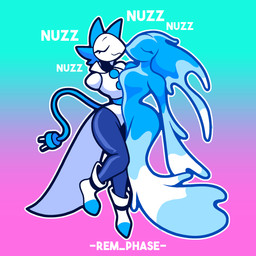 anthro armless black_clothing black_leggings black_legwear blue_body boots clothing duo electrical_plug electrical_plug_tail eyes_closed female female/female footwear leggings legwear multicolored_body nuzzling shoes sound_effects tail text water white_body rem_phase deltarune undertale_(series) miss_mizzle tasque_manager elemental_creature felid feline mammal mizzle_(deltarune) tasque water_creature 1:1 2025 digital_media_(artwork) hi_res