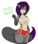 anthro bottomwear breasts cleavage clothed clothing curvy_figure fangs female fur glowing green_eyes grin hair multicolored_body multicolored_fur multicolored_hair open_mouth skirt small_waist smile solo teeth text thick_thighs two_tone_hair wide_hips booponies conditional_dnp aura_spark mammal hi_res