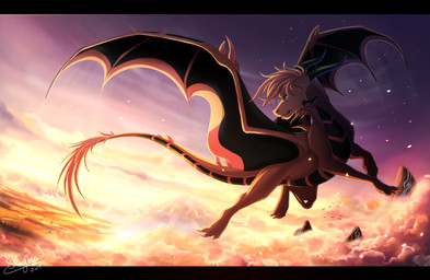 black_bars detailed_background fantasy feral flying horn membrane_(anatomy) membranous_wings outside sky solo tail twilight wings skaydie european_mythology mythology dragon mythological_creature mythological_scalie scalie western_dragon 2015 digital_media_(artwork) letterbox