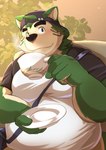 anthro blush clothing container cup eyebrows fur green_body green_fur male overweight overweight_male saucer shirt solo t-shirt tea_cup thick_eyebrows topwear nazebesu_hobby lifewonders live_a_hero mokdai canid canine canis domestic_dog mammal absurd_res hi_res