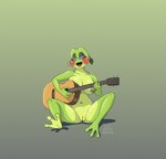 3_toes 5_fingers acoustic_guitar anthro areola black_body black_eyelids black_skin collarbone countershade_face countershade_feet countershade_torso countershading ear_piercing ear_ring eyelashes eyes_closed eyewear feet female fingers genitals glasses gradient_background green_areola green_background green_body green_nipples green_pussy green_skin grey_background guitar holding_guitar holding_musical_instrument holding_object innie_pussy logo musical_instrument navel nipples nude open_mouth piercing playing_guitar playing_music plucked_string_instrument pussy red_body red_cheeks red_skin red_tongue ring_piercing shadow simple_background sitting soles solo string_instrument toes tongue sammfeatblueheart amphibian frog 2024 artist_logo cel_shading hi_res shaded signature