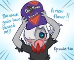 blue_eyes blush darkrai darkraifu dialogue doritos english_text fangs female frito-lay generation_4_pokemon grey_body grey_skin hair holding_object humanoid legendary_pokemon lightsource nintendo not_furry pokemon pokemon_(species) rai_(lightsource) simple_background solo teeth text white_hair